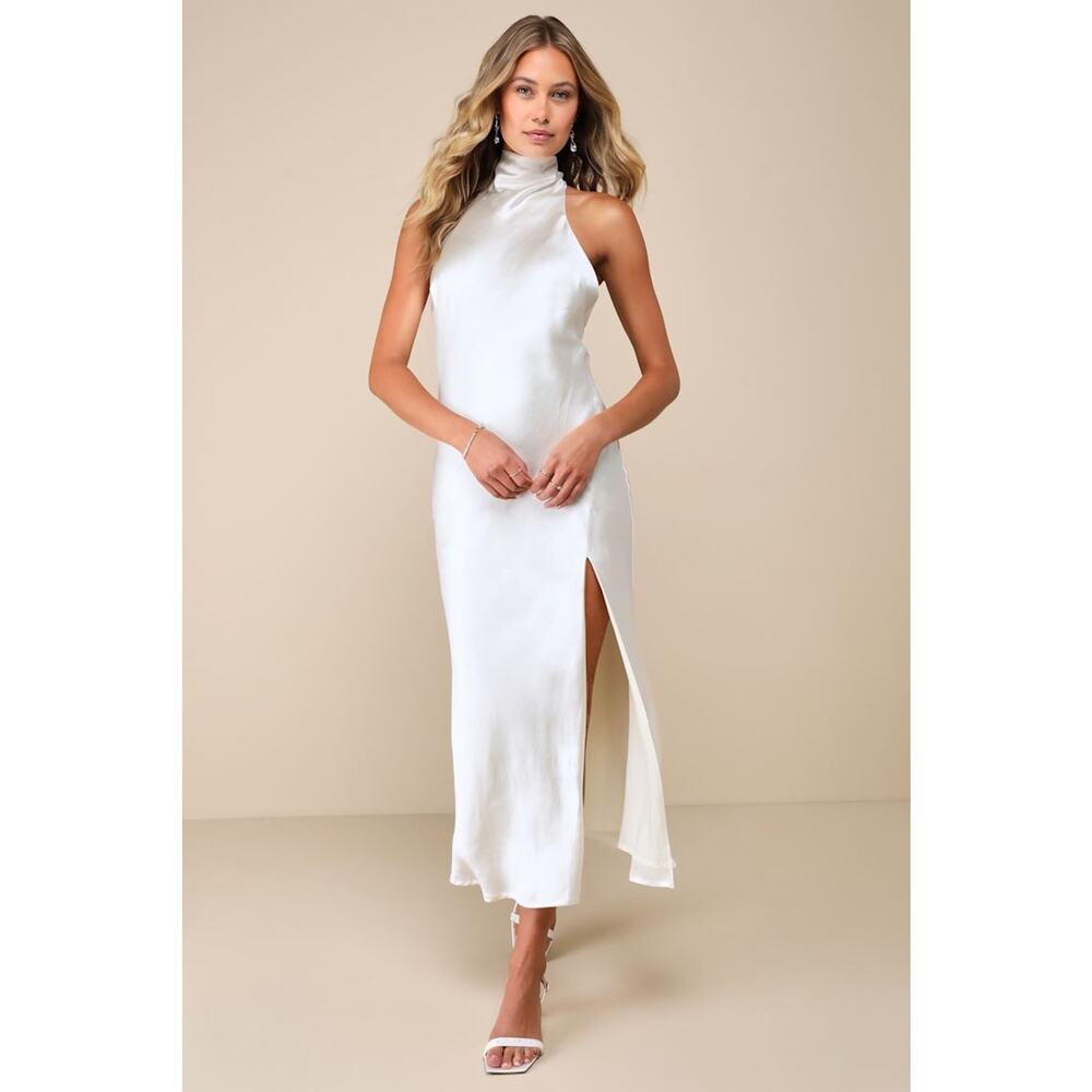 NWT Lulus Exceptional Status Ivory Halter Backless Slip Midi Dress Banquet Sz S